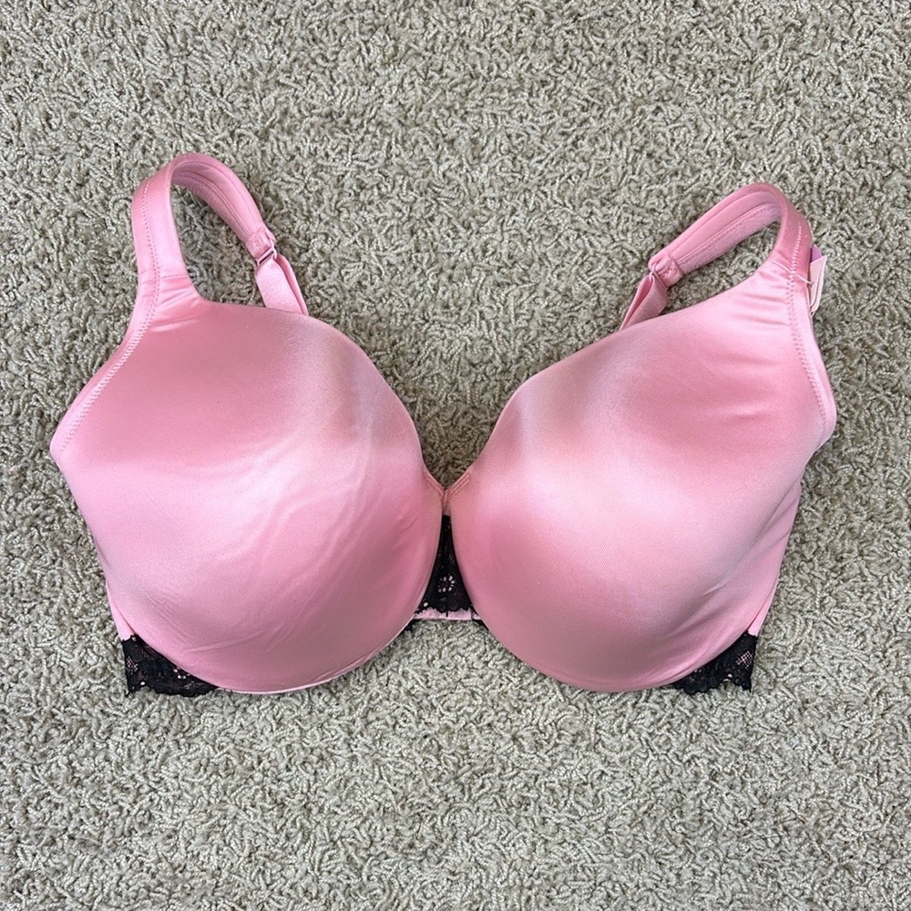 NWT Cacique full coverage pink satin black lace underwire bra 40DDD